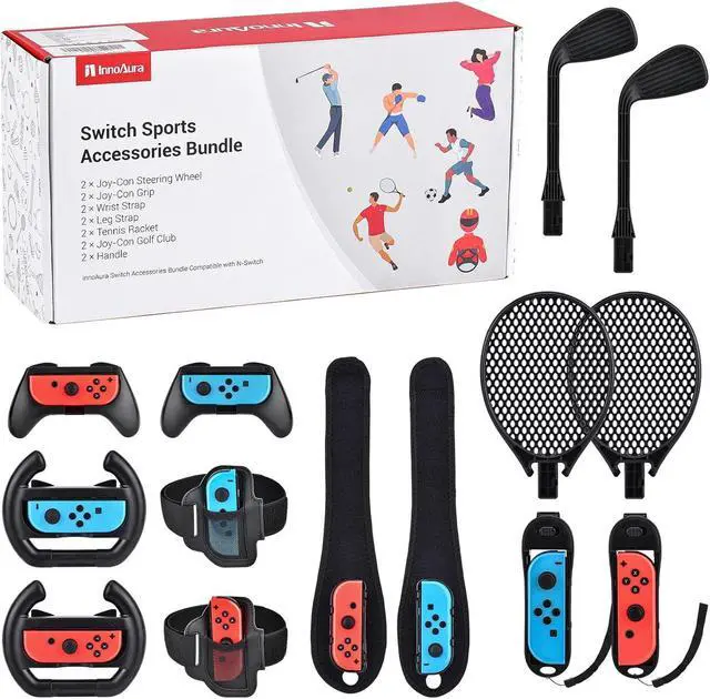 Main image of innoAura 14 in 1 Switch Sports Accessories Bundle with Switch Steering Wheel, J-con Grip, Tennis Racket, Glof Club, Leg Strap, Wrist Strap Compatible with Switch/Switch OLED