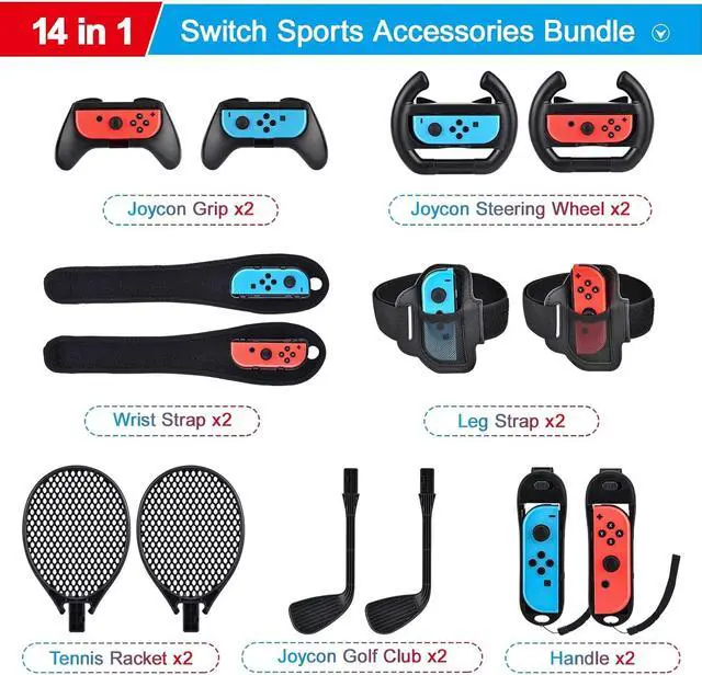 Alt view image 2 of 7 - innoAura 14 in 1 Switch Sports Accessories Bundle with Switch Steering Wheel, J-con Grip, Tennis Racket, Glof Club, Leg Strap, Wrist Strap Compatible with Switch/Switch OLED