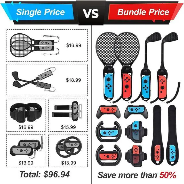 Alt view image 3 of 7 - innoAura 14 in 1 Switch Sports Accessories Bundle with Switch Steering Wheel, J-con Grip, Tennis Racket, Glof Club, Leg Strap, Wrist Strap Compatible with Switch/Switch OLED