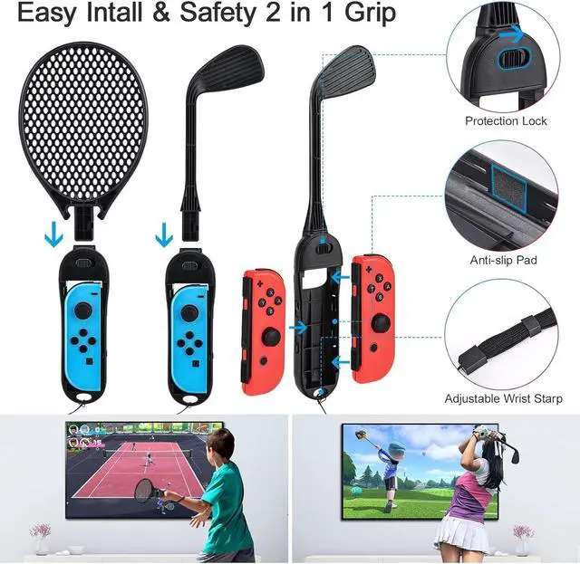 Alt view image 4 of 7 - innoAura 14 in 1 Switch Sports Accessories Bundle with Switch Steering Wheel, J-con Grip, Tennis Racket, Glof Club, Leg Strap, Wrist Strap Compatible with Switch/Switch OLED