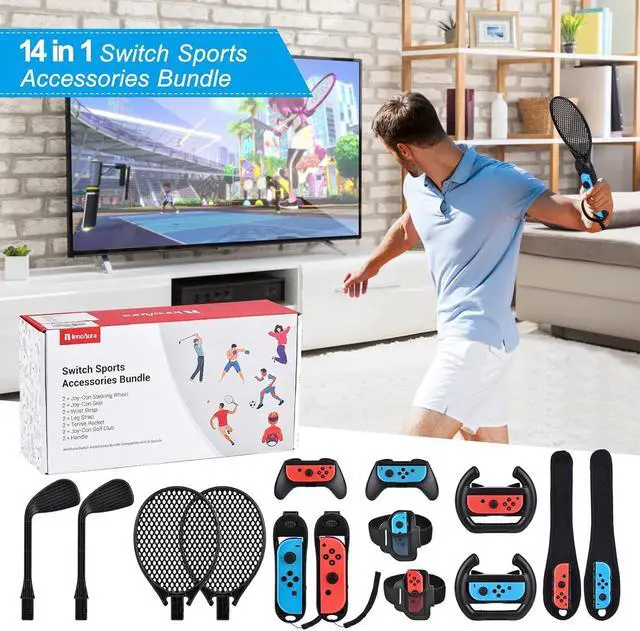 Alt view image 7 of 7 - innoAura 14 in 1 Switch Sports Accessories Bundle with Switch Steering Wheel, J-con Grip, Tennis Racket, Glof Club, Leg Strap, Wrist Strap Compatible with Switch/Switch OLED