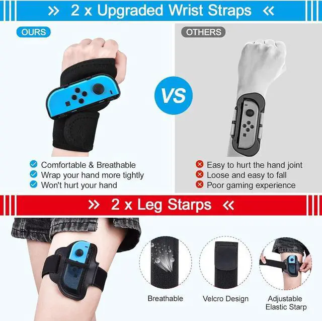Alt view image 6 of 7 - innoAura 14 in 1 Switch Sports Accessories Bundle with Switch Steering Wheel, J-con Grip, Tennis Racket, Glof Club, Leg Strap, Wrist Strap Compatible with Switch/Switch OLED