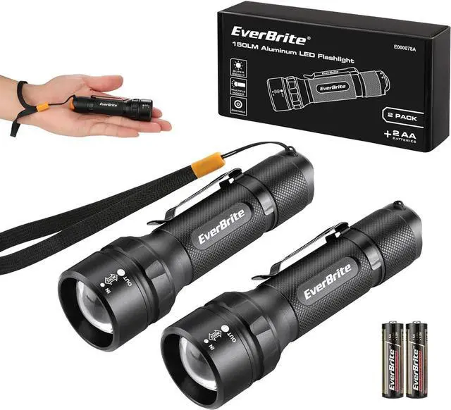 Main image of EverBrite 2-Pack 150 Lumens Super Small Mini LED Flashlight, Zoomable Flashlight with Lanyard&Clip, 3 Modes, IPX4 Waterproof, for Camping Hiking, Emergency, EDC, Survival Use, 2 AA Batteries Included