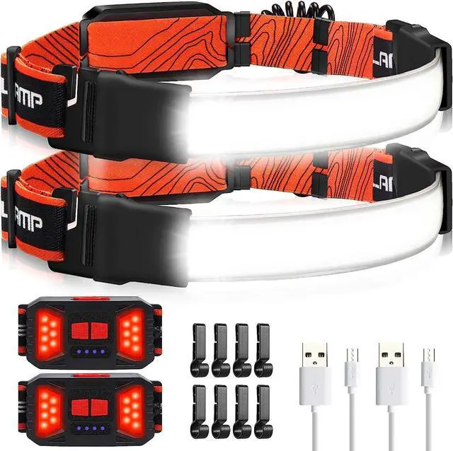 Main image of Adelante LED Headlamp Flashlight, 2Pack 1000LM 230°Wide-Beam Rechargeable Head Lamp for Adults, Red Taillight & 8 Clips Waterproof Hard Hat Light Headlamps for Running Hiking and Camping