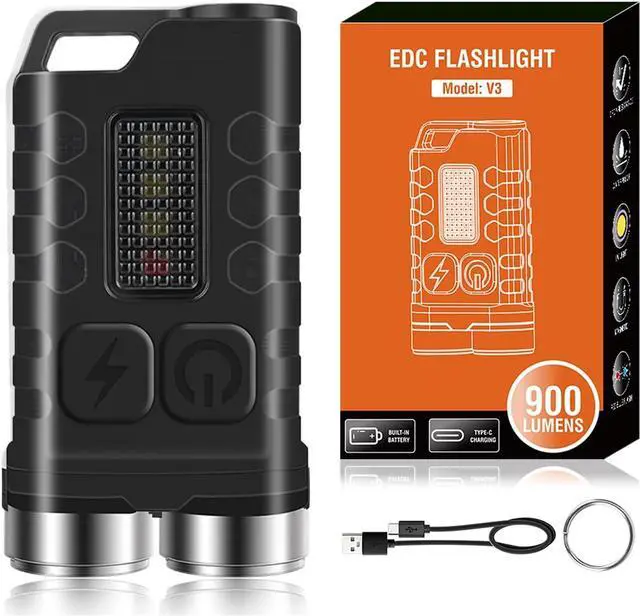 Main image of Mini EDC Flashlight, 900 High Lumen Keychain Flashlights, Rechargeable Pocket LED Flashlight with Red UV Blue Light - 12 Modes, IP65 Water Resistant, USB-C, Tail Magnet (Black)