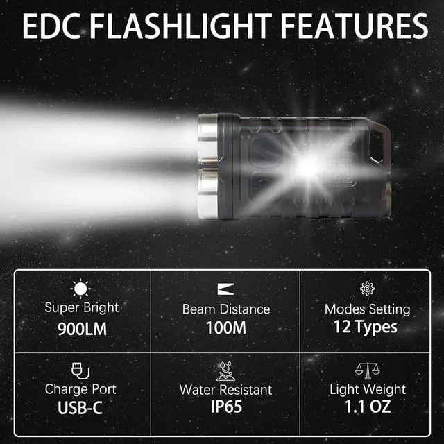 Alt view image 2 of 7 - Mini EDC Flashlight, 900 High Lumen Keychain Flashlights, Rechargeable Pocket LED Flashlight with Red UV Blue Light - 12 Modes, IP65 Water Resistant, USB-C, Tail Magnet (Black)