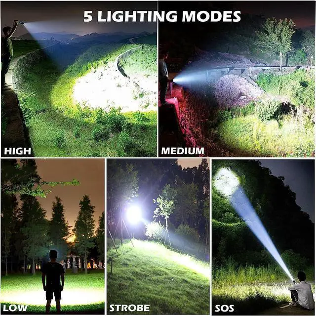 Alt view image 3 of 7 - BERCOL Rechargeable LED Flashlights High Lumens, Super Bright 900,000 Lumens Flashlight with 5 Modes & Waterproof, Powerful 10000mAh High Capacity Flash Light for Camping Emergencies - 2 Pack