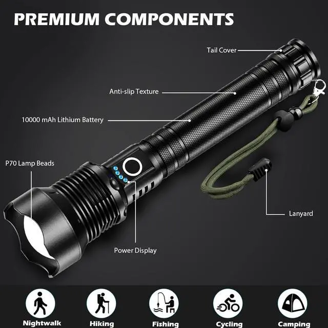 Alt view image 7 of 7 - BERCOL Rechargeable LED Flashlights High Lumens, Super Bright 900,000 Lumens Flashlight with 5 Modes & Waterproof, Powerful 10000mAh High Capacity Flash Light for Camping Emergencies - 2 Pack