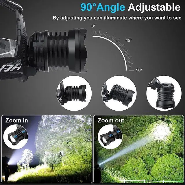 Alt view image 4 of 7 - LED Headlamp USB Rechargeable Head Lamp XHP70 Super Bright 90000 High Lumen with 5 Modes Batteries Included Zoomable Waterproof Headlight for Camping Hunting Running Fishing Biking