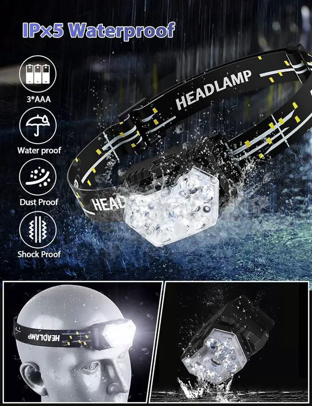 Alt view image 6 of 7 - 2000 Lumen 9 LED Headlamp 2 Pack Ultra Bright Head Lamp with 6 Modes IPX5 Waterproof Head Light Lightweight Head Flashlight for Running Night-Walking Camping 6 AAA Batteries Included
