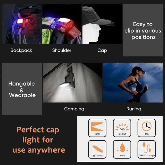 Alt view image 7 of 7 - LED Hat Clip Light 400 Lumen Rechargeable Clip on Cap Lights with Motion Sensor, 180° Adjustable Hands Free Hat Flashlight Headlamp for Camping, Fishing, Hiking, Running