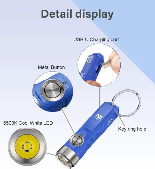 Alt view image 2 of 6 - RovyVon Aurora A1 G4 USB C Rechargeable Mini EDC Flashlight, Small Bright Keychain Flashlight 650 High Lumens, EDC Gadget with Clip for Camping, Hiking, Emergencies (Blue)