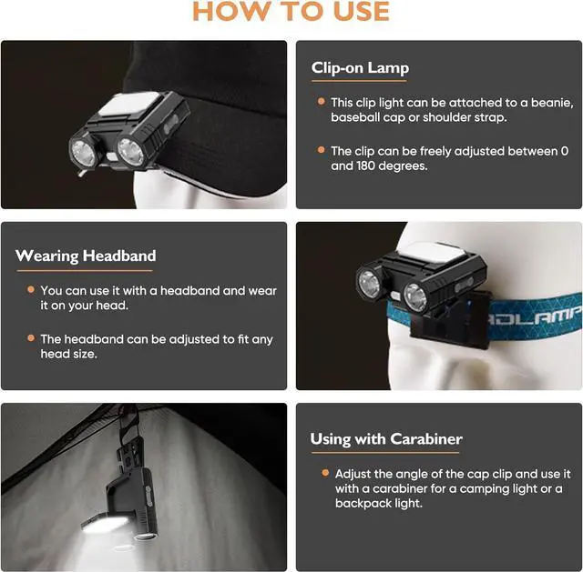 Alt view image 6 of 7 - LED Hat Clip Light 400 Lumen Rechargeable Clip on Cap Lights with Motion Sensor, 180° Adjustable Hands Free Hat Flashlight Headlamp for Camping, Fishing, Hiking, Running