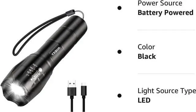 Alt view image 7 of 7 - USB Rechargeable Flashlights, 8381 High Lumens Lights, 3 Modes, Zoomable & Waterproof Super Bright Flash Light for Camping, Hiking, Emergency Hurricane(5.1 in)