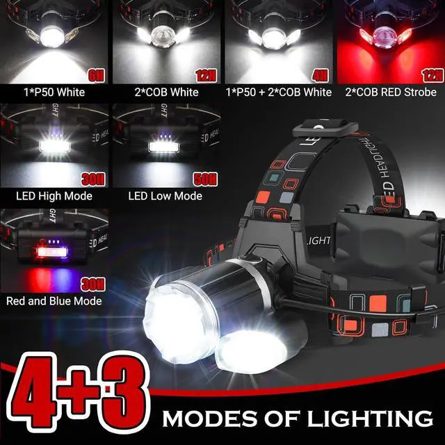 Alt view image 3 of 7 - Rechargeable Headlamp, 10000 High Lumen Head Lamp, Super Bright LED Head Light Camping Accessories with Red Light, 4 Modes USB Recharge Flashlight, Waterproof Headlight Camping Gear for Adults