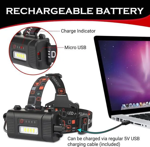 Alt view image 7 of 7 - Rechargeable Headlamp, 10000 High Lumen Head Lamp, Super Bright LED Head Light Camping Accessories with Red Light, 4 Modes USB Recharge Flashlight, Waterproof Headlight Camping Gear for Adults