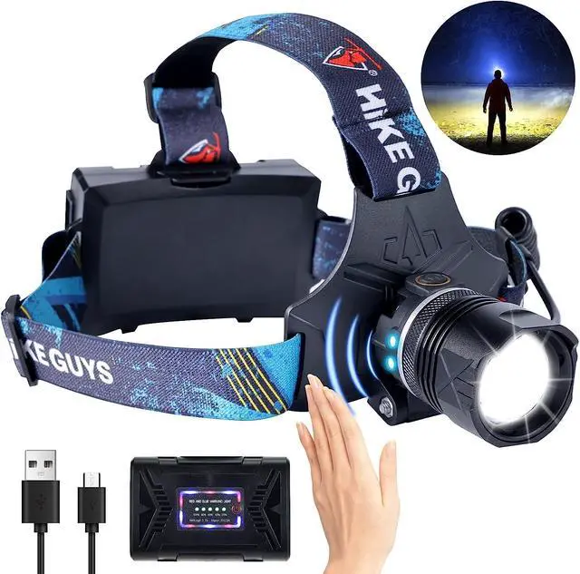 Main image of LED Rechargeable Headlamp, Headlight 90000 Lumens Super Bright with 6 Modes & IPX5 Warning Light, Motion Sensor Adjustable Headband Head Lamp, 60° for Adult Outdoor Camping Running Cycling