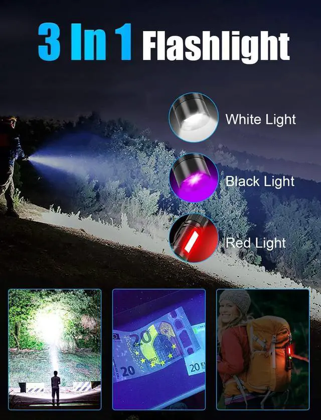 Alt view image 2 of 7 - UV Rechargeable Flashlights Tactical,1000 High Lumens 3 in 1 LED Black Light Flashlight -Magnetic Base/Sidelight/Zoomable, Bright Pocket Flash Light for Stains Detection Camping Emergency,2PCS
