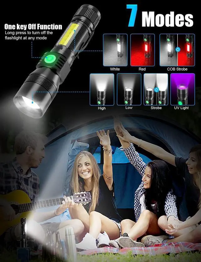 Alt view image 3 of 7 - UV Rechargeable Flashlights Tactical,1000 High Lumens 3 in 1 LED Black Light Flashlight -Magnetic Base/Sidelight/Zoomable, Bright Pocket Flash Light for Stains Detection Camping Emergency,2PCS