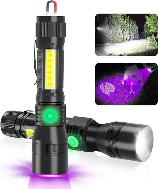 Main image of UV Rechargeable Flashlights Tactical,1000 High Lumens 3 in 1 LED Black Light Flashlight -Magnetic Base/Sidelight/Zoomable, Bright Pocket Flash Light for Stains Detection Camping Emergency,2PCS