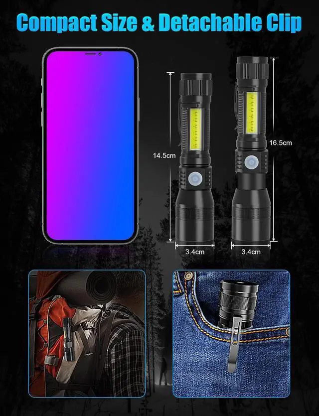 Alt view image 7 of 7 - UV Rechargeable Flashlights Tactical,1000 High Lumens 3 in 1 LED Black Light Flashlight -Magnetic Base/Sidelight/Zoomable, Bright Pocket Flash Light for Stains Detection Camping Emergency,2PCS