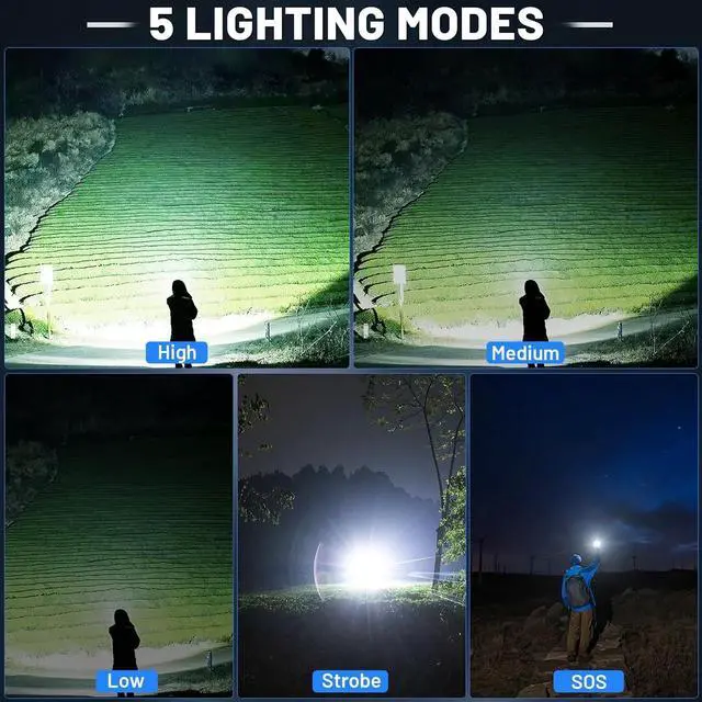 Alt view image 6 of 7 - Rechargeable 900,000 High Lumens Flashlights, Super Bright LED Flash Light as Powerbank with 5 Light Modes & IPX6 Waterproof, 5000mAh,12 Hours Long Life for Home, Camping, Outdoor
