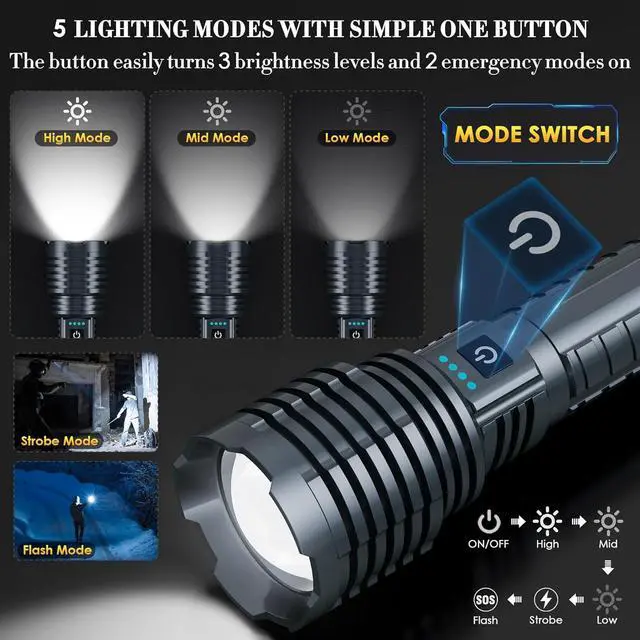 Alt view image 5 of 7 - Weoxi Super Bright Rechargeable Flashlights 2400.000 High Lumen, Powerful LED Flashlight, IPX7 Waterproof Floodlight & Spotlight Flashlight 2-in-1 W/5 Modes for Camping, Emergency, Search & Rescue