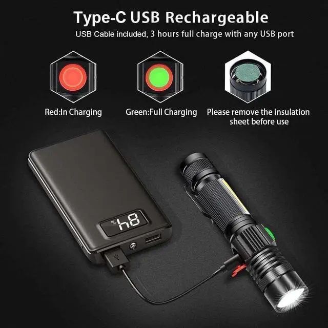 Alt view image 4 of 7 - Flashlight USB Rechargeable Magnetic LED Flashlight Super Bright LED Tactical Flashlight with Cob Sidelight Waterproof Zoomable Best Small LED Flashlight for Camping Emergency Flashlights