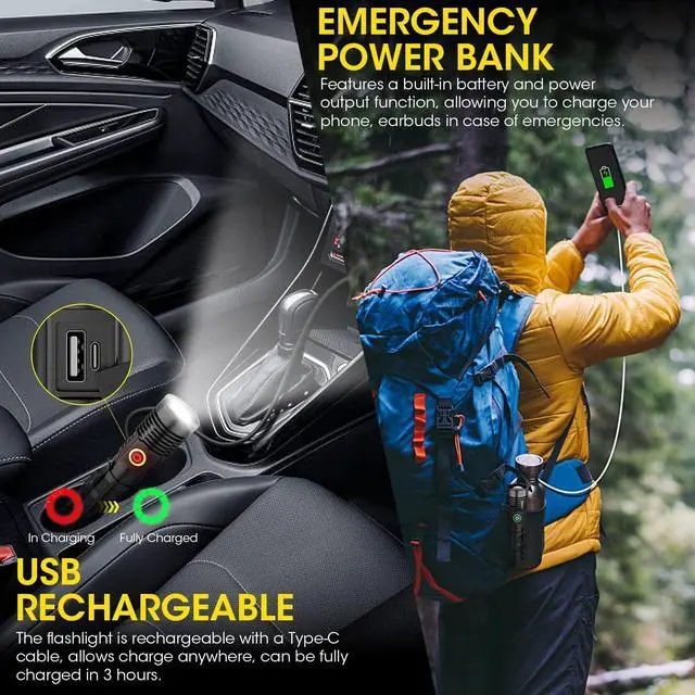 Alt view image 4 of 7 - Rechargeable Flashlight High Lumens 12000 High Lumens Super Bright Magnetic Flash Light 1500 Meter Long-Range Zoomable LED Flashlights for Emergency Searching Waterproof Flashlight Dimmable