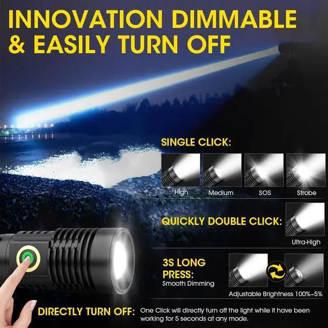 Alt view image 5 of 7 - Rechargeable Flashlight High Lumens 12000 High Lumens Super Bright Magnetic Flash Light 1500 Meter Long-Range Zoomable LED Flashlights for Emergency Searching Waterproof Flashlight Dimmable