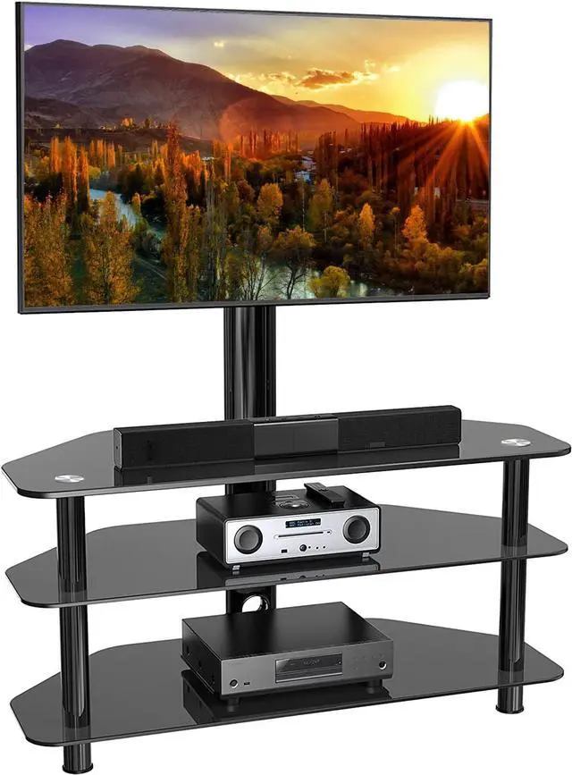 Main image of Swivel Corner Floor TV Stand with Mount for 32 37 43 47 50 55 60 65 inch Flat Curved Screen TVs, Adjustable 3-Tier Tempered Glass Storage Television Stand with Cable Management, Max VESA 600X400mm