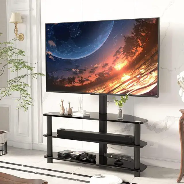 Alt view image 2 of 7 - Swivel Corner Floor TV Stand with Mount for 32 37 43 47 50 55 60 65 inch Flat Curved Screen TVs, Adjustable 3-Tier Tempered Glass Storage Television Stand with Cable Management, Max VESA 600X400mm