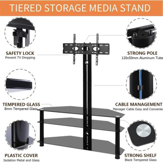 Alt view image 3 of 7 - Swivel Corner Floor TV Stand with Mount for 32 37 43 47 50 55 60 65 inch Flat Curved Screen TVs, Adjustable 3-Tier Tempered Glass Storage Television Stand with Cable Management, Max VESA 600X400mm