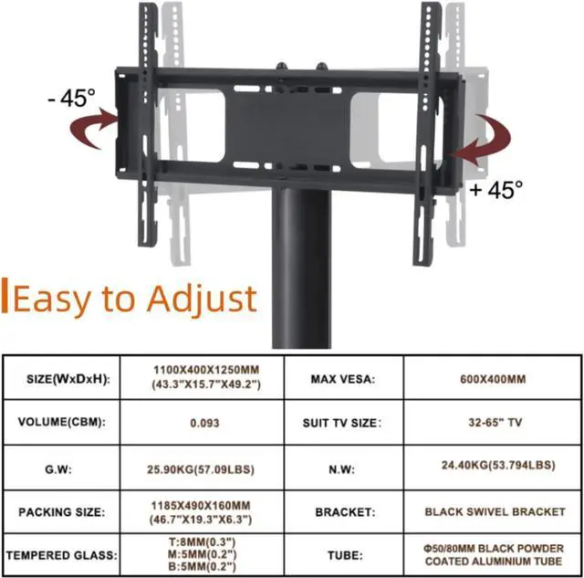 Alt view image 4 of 7 - Swivel Corner Floor TV Stand with Mount for 32 37 43 47 50 55 60 65 inch Flat Curved Screen TVs, Adjustable 3-Tier Tempered Glass Storage Television Stand with Cable Management, Max VESA 600X400mm