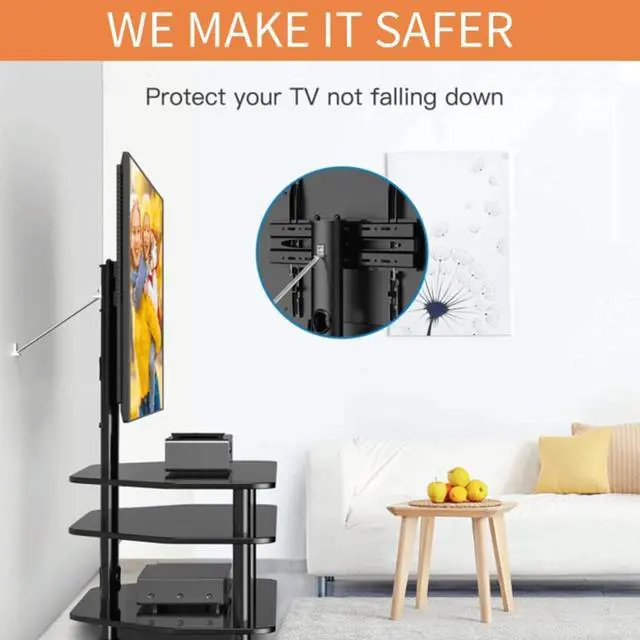 Alt view image 5 of 7 - Swivel Corner Floor TV Stand with Mount for 32 37 43 47 50 55 60 65 inch Flat Curved Screen TVs, Adjustable 3-Tier Tempered Glass Storage Television Stand with Cable Management, Max VESA 600X400mm