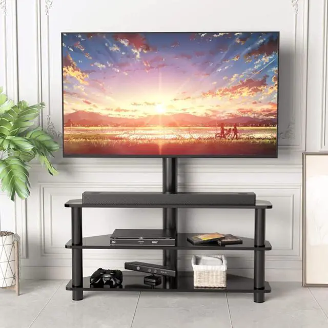 Alt view image 7 of 7 - Swivel Corner Floor TV Stand with Mount for 32 37 43 47 50 55 60 65 inch Flat Curved Screen TVs, Adjustable 3-Tier Tempered Glass Storage Television Stand with Cable Management, Max VESA 600X400mm