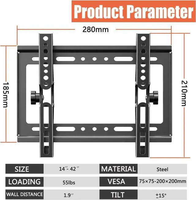 Alt view image 2 of 7 - Tilt TV Mount for Most 14-42 Inches Flat Curved Screen TVs and Monitor, Fit 22 24 27 32 39 40" Universal Slim Profile Wall Mount Bracket Loading 55lbs, Max VESA 250x210mm, Small TV Wall Mount