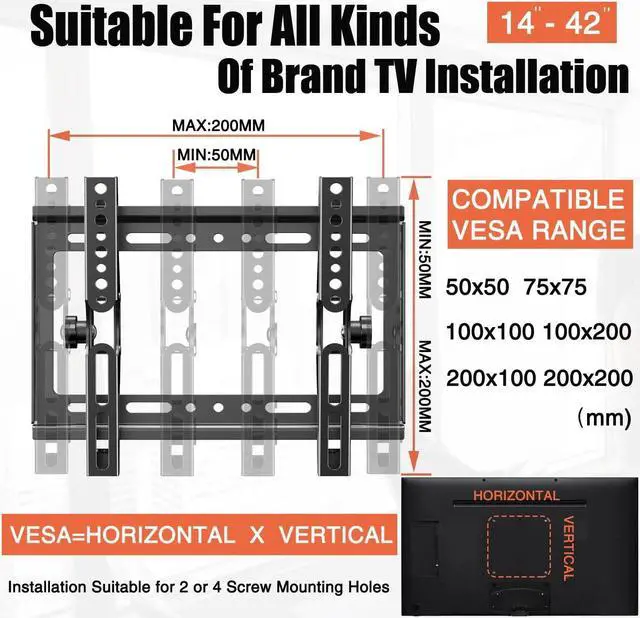 Alt view image 6 of 7 - Tilt TV Mount for Most 14-42 Inches Flat Curved Screen TVs and Monitor, Fit 22 24 27 32 39 40" Universal Slim Profile Wall Mount Bracket Loading 55lbs, Max VESA 250x210mm, Small TV Wall Mount