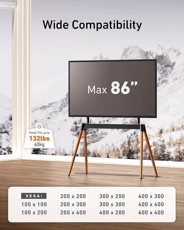 Alt view image 2 of 6 - Easel TV Stand for 32-86 inch LCD LED Flat Curved TVs up to 132 lbs, TV Floor Stand with Cable Ties, Corner TV Stand with Wood Legs, Height Adjustable TV Stand with 4 Legs