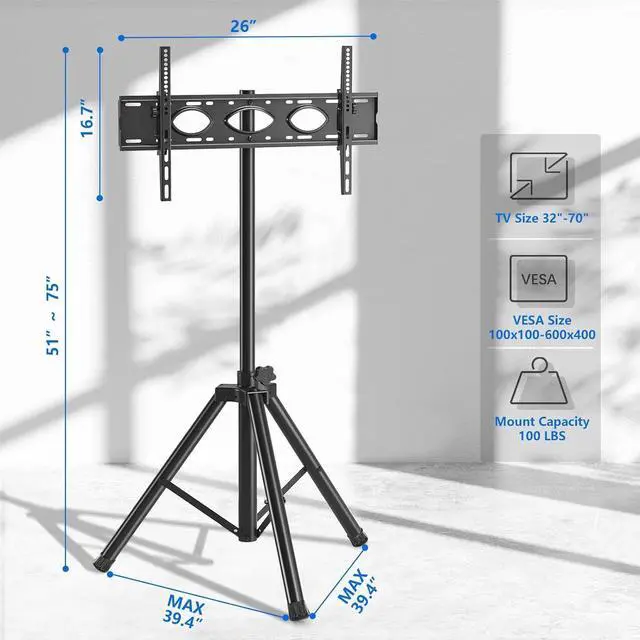 Alt view image 3 of 7 - Portable TV Tripod Stand Tilt Mount for 32-70 inch LED LCD OLED Flat Screen TVs/Monitors, Height Adjustable Foldable Mount Stand, Black Floor Display Stand with Max VESA 600x400mm