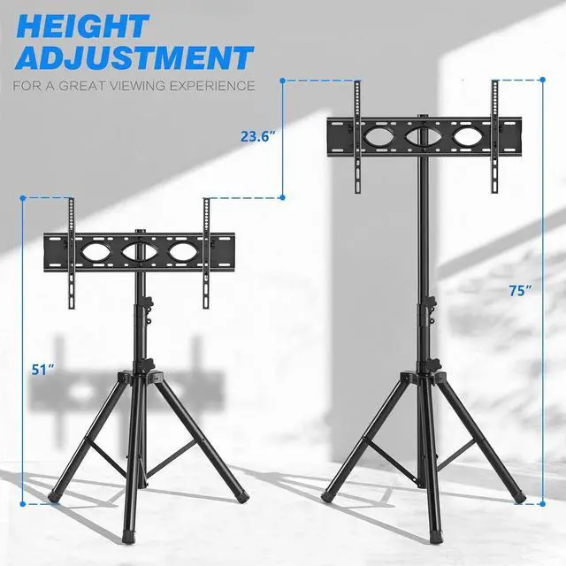 Alt view image 5 of 7 - Portable TV Tripod Stand Tilt Mount for 32-70 inch LED LCD OLED Flat Screen TVs/Monitors, Height Adjustable Foldable Mount Stand, Black Floor Display Stand with Max VESA 600x400mm