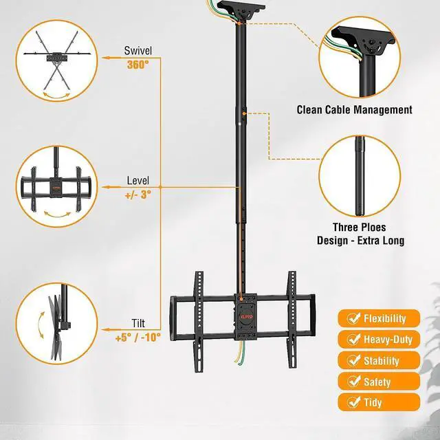 Alt view image 4 of 7 - Ceiling TV Mount for Most 37-75 Inch TVs Height Adjustable Full Motion Ceiling Mount for Flat Pitched Roof Hanging TV Bracket Swivel and Tilt Holds up to 110 lbs Max VESA 600x400mm YD3016