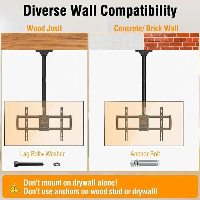 Alt view image 5 of 7 - Ceiling TV Mount for Most 37-75 Inch TVs Height Adjustable Full Motion Ceiling Mount for Flat Pitched Roof Hanging TV Bracket Swivel and Tilt Holds up to 110 lbs Max VESA 600x400mm YD3016