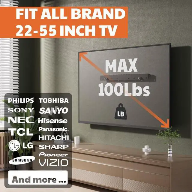 Alt view image 4 of 6 - No Stud TV Wall Mount for All Brand 22-55Inch TVs, Universal Studless TV Drywall Mount Bracket for Flat Screen TVs, Low Profile, Loading Capacity 100lbs, Vesa 200x100 to 400 x 400mm