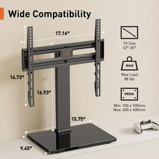 Alt view image 3 of 7 - Perlegear Universal Swivel TV Stand with Power Outlet, Tabletop TV Stand for 3260,65 Inch TVs up to 88 lbs, Tempered Glass TV Mount Stand Base with Height Adjustment, Tilt, Max VESA 400x400mm,PGTVS27