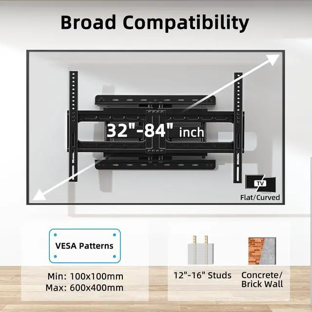 Alt view image 6 of 7 - HOME VISION TV Wall Mount Full Motion for Most 32-84 inch TVs up to132lbs, TV Mount Swivel and Tilt with Dual Articulating Arms, TV Mount Wall Bracket Max VESA 600x400mm, Fits 12/16" Wood Stud