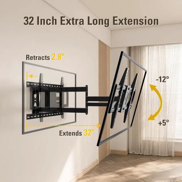 Alt view image 5 of 7 - Mounting Dream Long Arm TV Wall Mount for 37-75 Inch TV, Corner TV Wall Mount with 32 Long Extension, Full Motion TV Mount Swivel & Tilt, Fits Max VESA 600x400mm,100 lbs, 16,18,24 Studs MD2285-LA