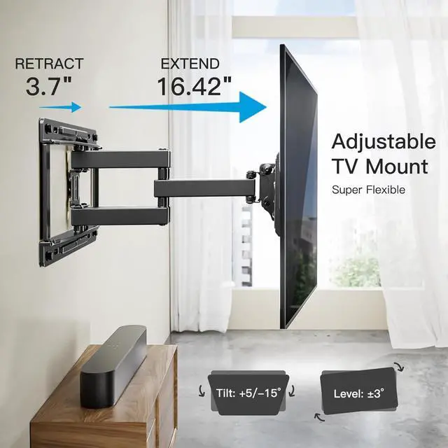 Alt view image 6 of 7 - Pipishell TV Wall Mount, Full Motion Wall Mount with Dual Arms, Swivel, Extension for 26-65 inch Flat or Curved TVs up to 99 lbs, Max VESA 400x400mm, 3 Bracket Heights, Fits 12/16 Wood Studs, PIMF4