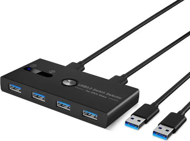 Main image of USB KVM Switch 2 PCs Sharing 4 USB Devices KM Switch Hub One Button Swapping USB 3.0 Switcher Box for Mouse, Keyboard, Scanner, Printer with 2 USB 3.0 A to A Cable 1 Power Cable