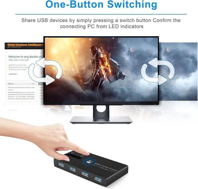 Alt view image 4 of 7 - USB KVM Switch 2 PCs Sharing 4 USB Devices KM Switch Hub One Button Swapping USB 3.0 Switcher Box for Mouse, Keyboard, Scanner, Printer with 2 USB 3.0 A to A Cable 1 Power Cable